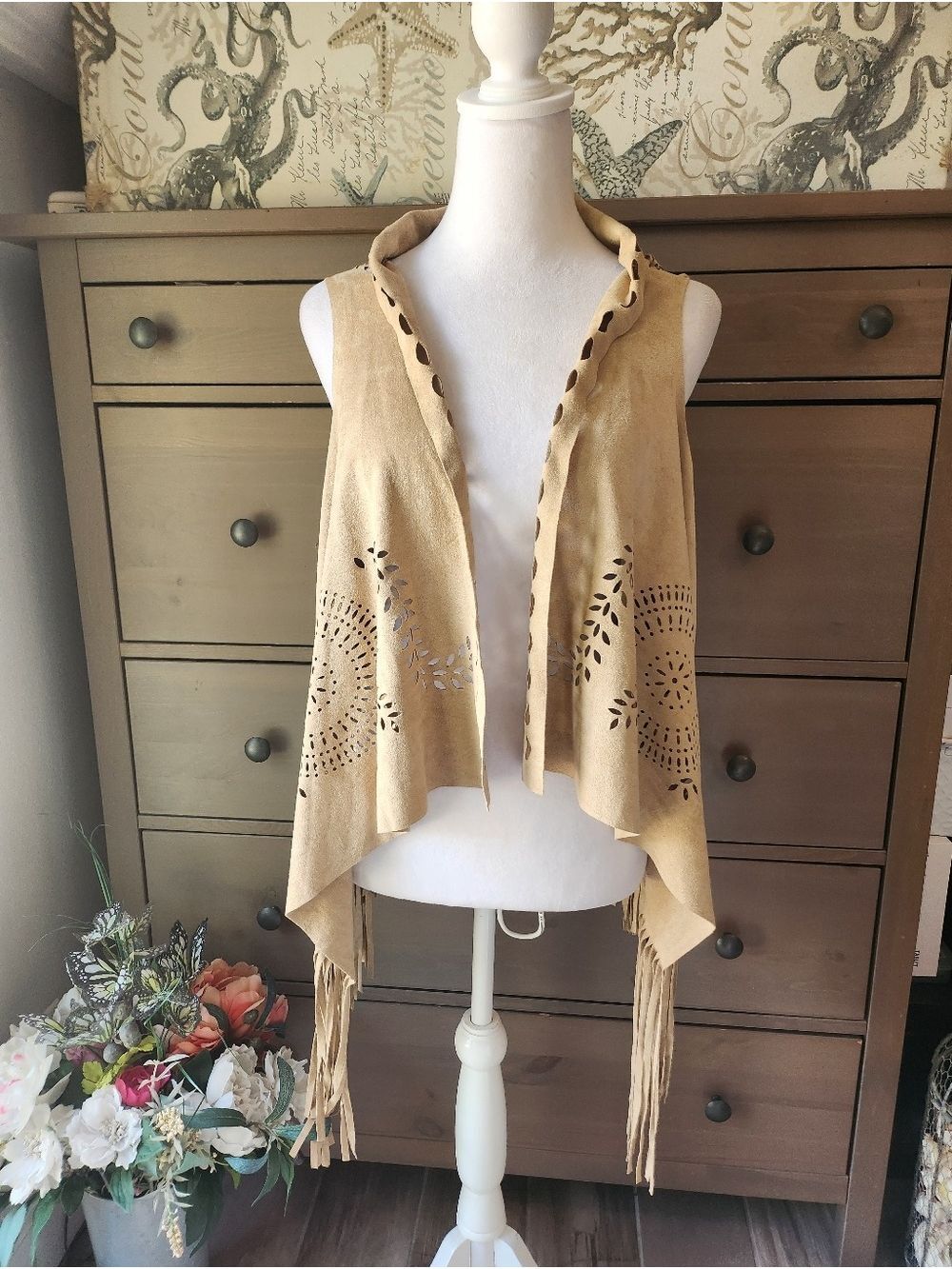 Fringe Faux Suede Laser-Cut Open Vest - Camel